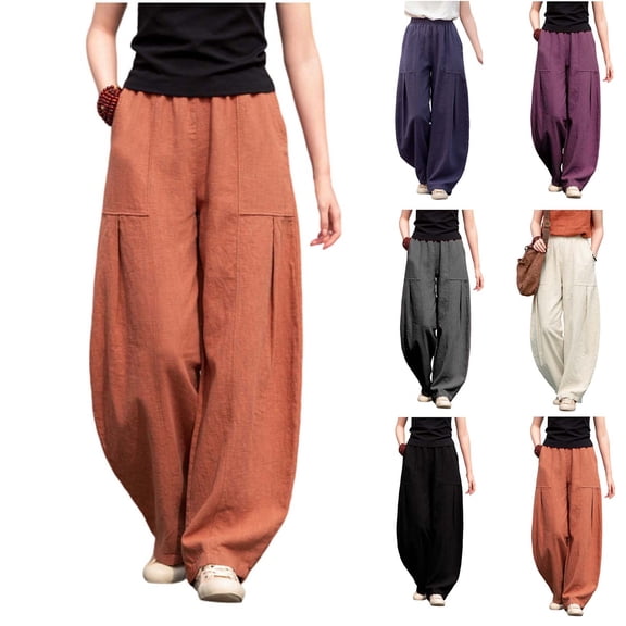 FNFYFH Plus Size Baggy Pants for Women Spring Summer Cotton Linen Harem Pants Drawstring Wide Leg Barrel Pants