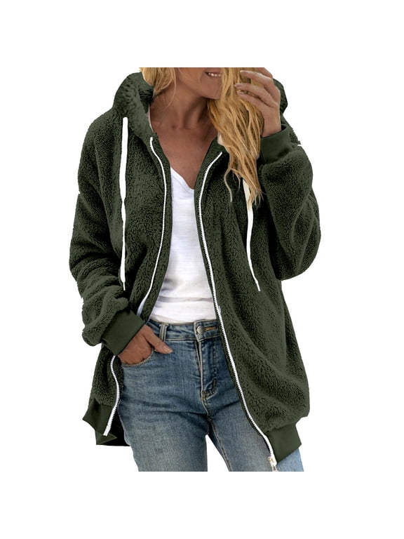 Plus Size Fleece Coats for Women Zipper Long Sleeve Hooded Jackets Fluffy Coat Winter Drawstring Outerwear Solid Windproof Jacket Overcoat Blue S-5XL