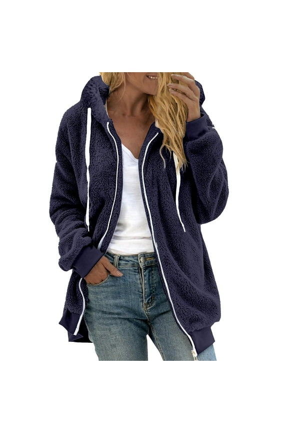 Plus Size Fleece Coats for Women Zipper Long Sleeve Hooded Jackets Fluffy Coat Winter Drawstring Outerwear Solid Windproof Jacket Overcoat Blue S-5XL