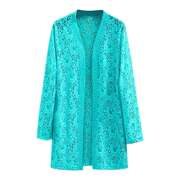 FNFYFH Plus Size Lace Cardigan for Women One Front Long Sleeve Cardigans Sweater Trendy Floral Print Ladies Coats Lightweight Comfy Outerwear Coats Blue XL-5XL
