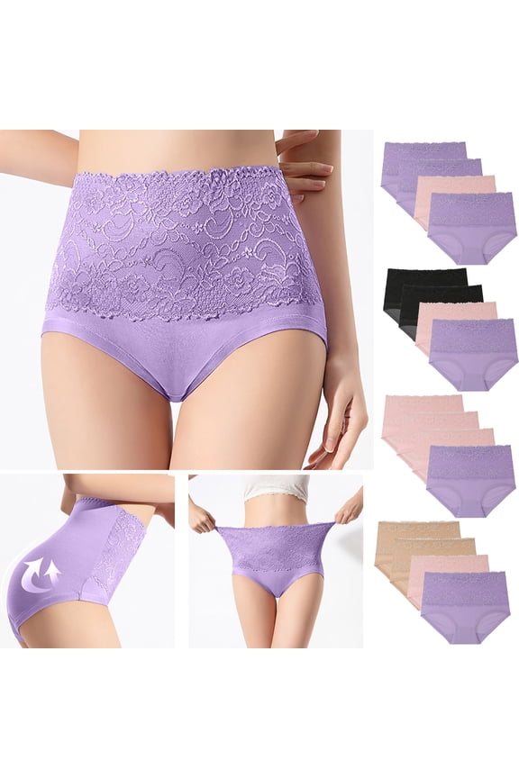 Plus Size Lace Panties for Women Tummy Control High Waisted Underwear Soft Breathable Butt Lifting Briefs Underwear 4 Pack