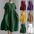 thumbnail image 1 of FNFYFH Plus Size Linen Dress for Women Short Sleeve Pleated A-line Dress Summer Loose Fit Crewneck Maxi Dress, 1 of 5