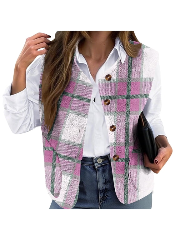 FNFYFH Plus Size Plaid Vest for Women Button Down Sleeveless Flannel Shirt Collarless Fall Layering Jacket