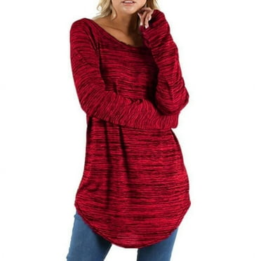 FNFYFH Plus Size Pullover for Women Slim Fit Striped Long Tops Causal Comfy Crewneck Tunic Sweatshirts 2025 Fashion Irregular Hem Tops Red S-5XL Clearance Deals