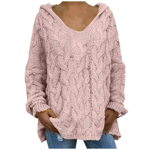 FNFYFH Plus Size Sweaters for Women Long Sleeve Cable Knit Sweaters Fall Solid Color Pullover Loose Fit Hooded Jumper Tops