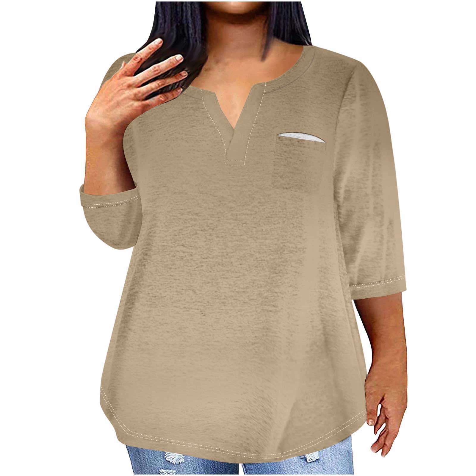 MONNURO Women's Plus Size 3/4 Sleeve V-Neck Tunic Top - Loose Swing Fall Blouse (Wine Red) 5 thumbnail image