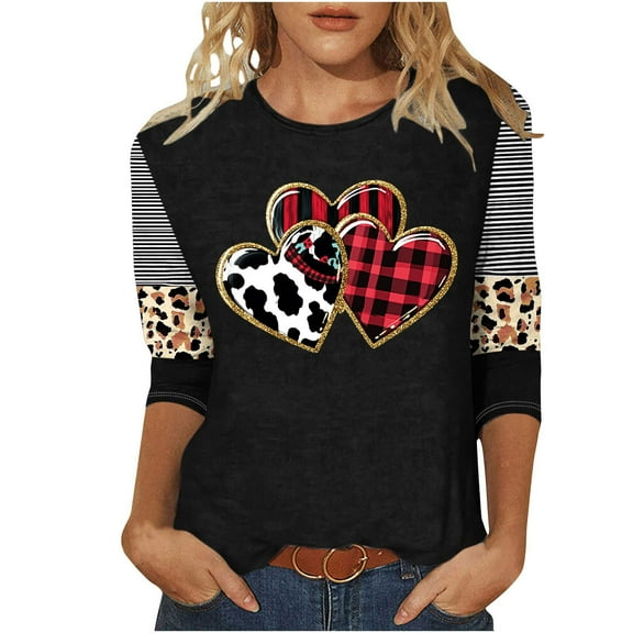 FNFYFH Plus Size Valentines Shirts Women Leopard Plaid Love Heart Graphic Tees 3/4 Sleeve Crewneck Tops Valentines Gift