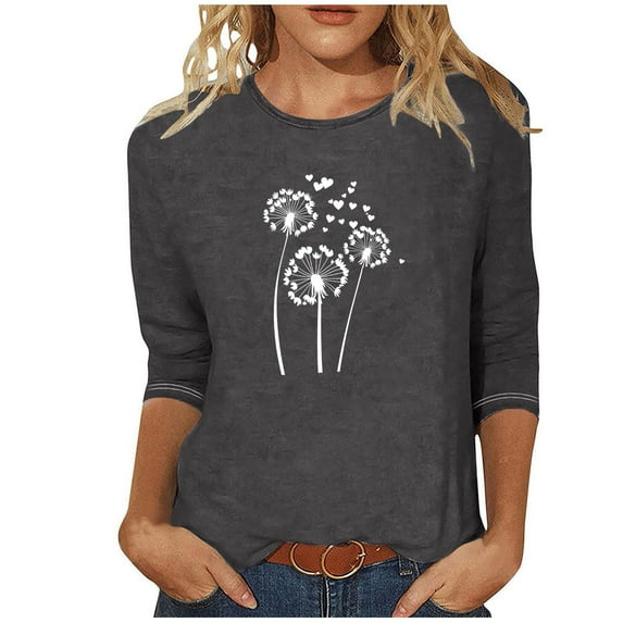 FNFYFH Plus Size Womens 3/4 Lenght Sleeve Tops Trendy Print Tunic Shirts 2025 Summer Blouse Causal Breathable Crewneck Tees for Women Cute Floral Printed Blouse