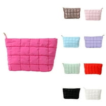 FNFYFH Puffer Quilted Makeup Bag with Handle, Cute Puffy Cotton Cosmetic Bags for Women, Checkered Toiletry Zipper Pouch, Travel Essentials Storage Organizer Clutch Pouches Pencil Case