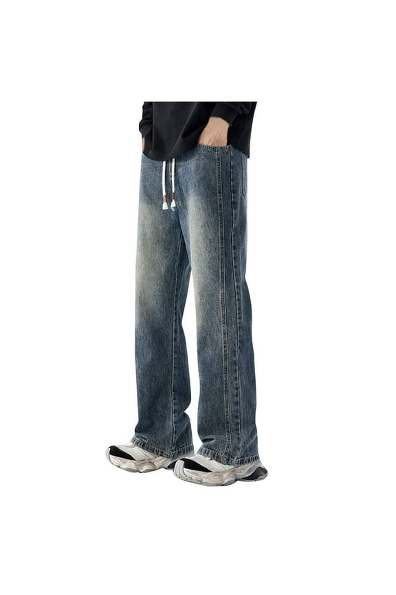 Pull On Elastic Waist Jeans for Men Drawstring Loose Fit Denim Pants Relax Fit Jean Pants