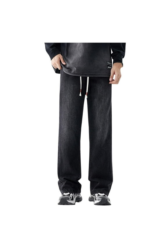 Pull On Elastic Waist Jeans for Men Drawstring Loose Fit Denim Pants Relax Fit Jean Pants