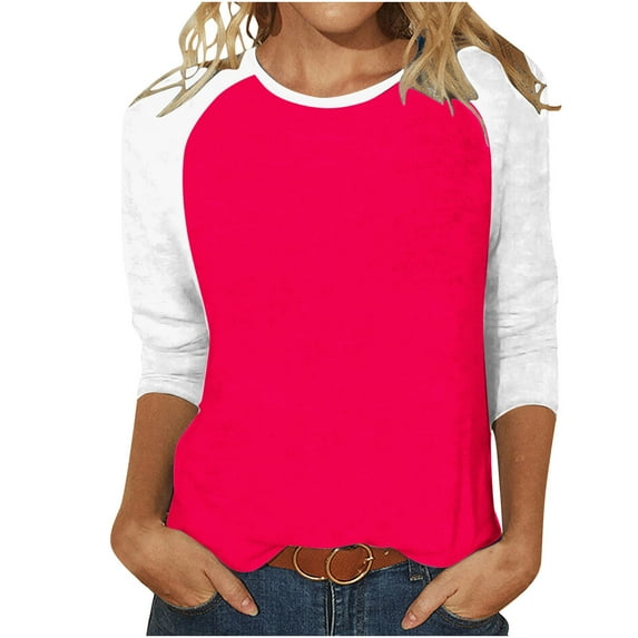 FNFYFH Raglan Shirts for Women Dressy 3/4 Sleeve Baseball Tee Tunic Crewneck Color Block Shirt Summer Trendy 3/4 Length Sleeve Cute Tops Causal Loose Fit Breathable Top