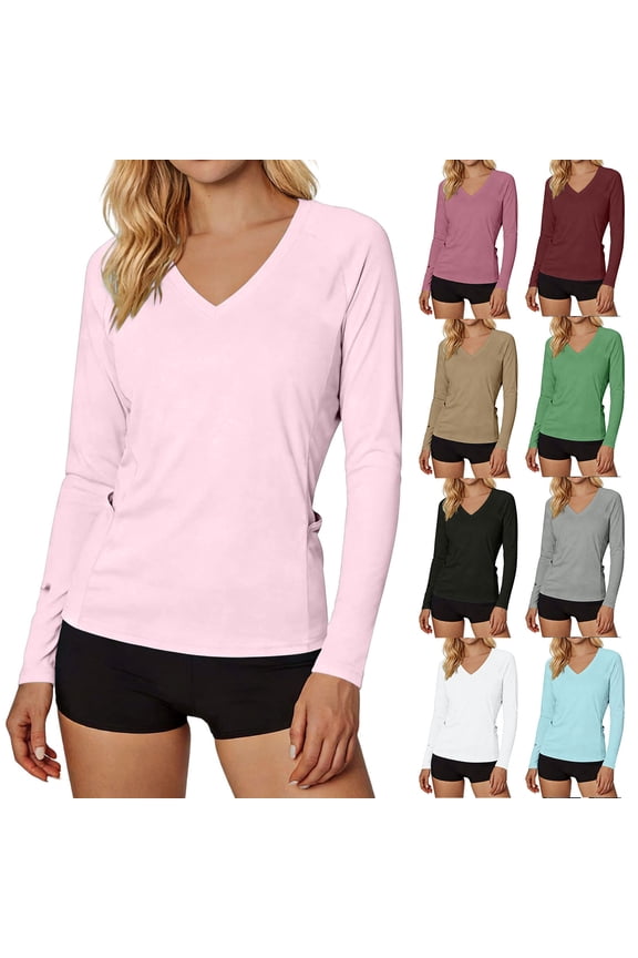 Rash Guard for Women V Neck UPF 50+ Long Sleeve Shirts Sun Protection Quick Dry Hiking Swim Shirt with Pockets