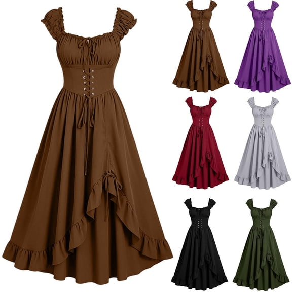 FNFYFH Renaissance Corset Dress for Women Medieval Costume Dress Vacation Pirate Goth Dresses Flowy Milkmaid Sundress
