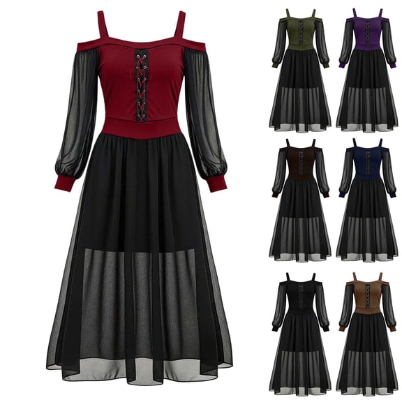 FNFYFH Renaissance Gothic Dress Women Off the Shoulder Mesh Dress Women Halloween Costume Medieval Steampunk Outfit