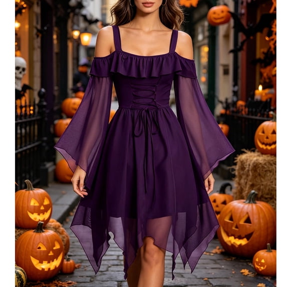 FNFYFH Renaissance Gothic Dress for Women Halloween Costume Off Shoulder Lace Trumpet Sleeve Dress Medieval Steampunk Dress
