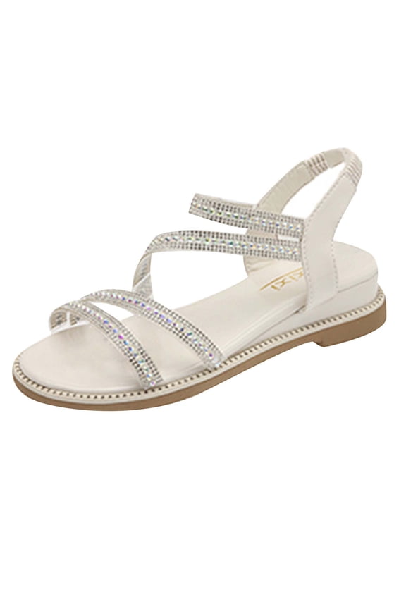 Rhinestone Flat Sandals for Womens Dressy, Comfort Elastic Strap Glitter Slip on Summer Gladiator Open Toe Casual Walking Sandals