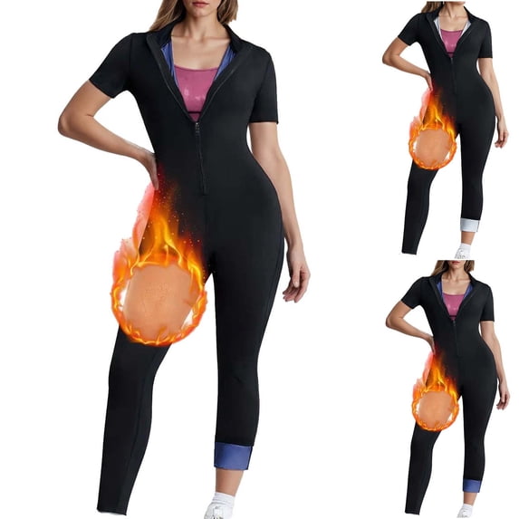 FNFYFH Sauna Suit Women Full Body Sauna Sweat Suit Zip Up Sweat Jumpsuit Waist Trainers Belly Fat Workout Sweat Suit