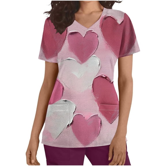 FNFYFH Scrub Tops Women V Neck Nurse Uniforms Cute Love Print Scrubs with Pockets Valentines Day Gifts