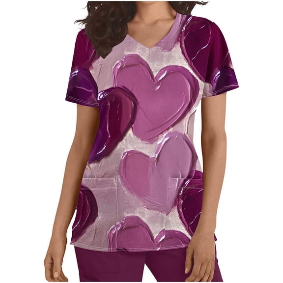 FNFYFH Scrub Tops Women V Neck Nurse Uniforms Cute Love Print Scrubs with Pockets Valentines Day Gifts