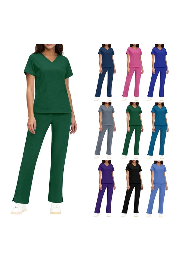 Scrubs for Women Set Medical Uniform V-Neck Top and Straight Leg Pants Soft Stretch Workwear with Pockets