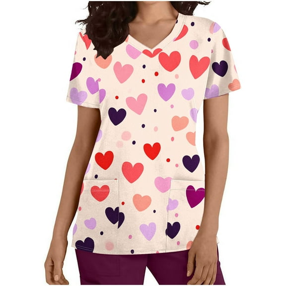 FNFYFH Scrubs for Women V Neck Printed Scrub Tops Soft Knit Nurse Uniform Shirts with Pockets