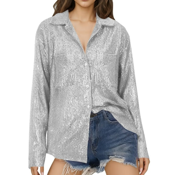 FNFYFH Sequin Button Down Shirt for Women Collared Sparkly Tops Casual Party Club Blouse Disco Outfits