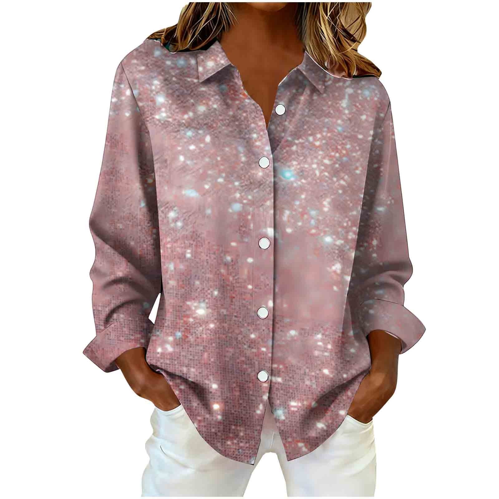 FNFYFH Sequin Tops for Women Plus Size Sparkly Button Down Shirt Long ...
