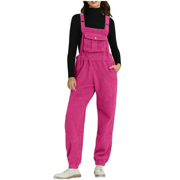 FNFYFH Sherpa Overalls for Women Loose Fit Winter Fuzzy Fleece Warm Bib Pocket Adjustable Jogger Baggy Overall Jumpsuit