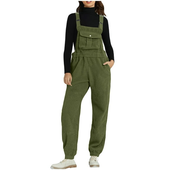 FNFYFH Sherpa Overalls for Women Loose Fit Winter Fuzzy Fleece Warm Bib Pocket Adjustable Jogger Baggy Overall Jumpsuit