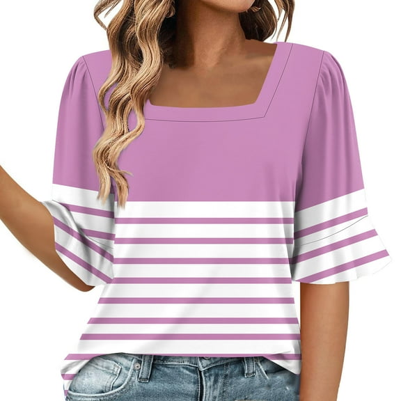 FNFYFH Shirts for Women Color Block Tops Summer Striped Square Neck Tees Half Sleeve Tees,Black