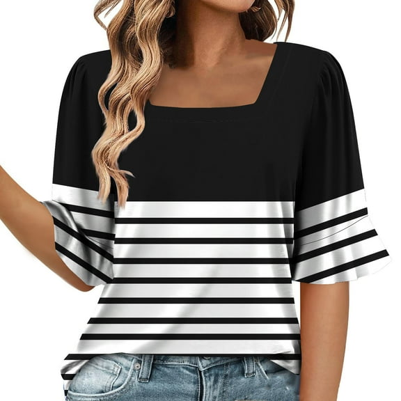 FNFYFH Shirts for Women Color Block Tops Summer Striped Square Neck Tees Half Sleeve Tees,Black