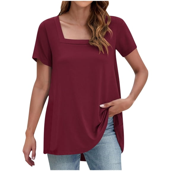 FNFYFH Shirts for Women Square Neck Short Sleeve Tees Loose Fit Solid Top,Purple