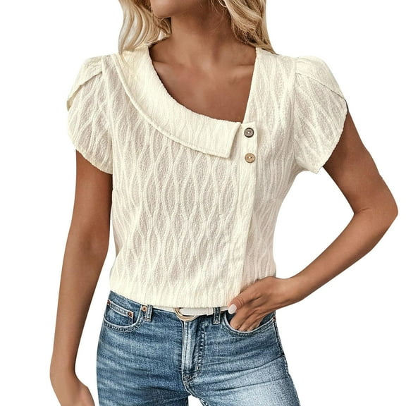 FNFYFH Shirts for Women V Neck Short Sleeve Tops with Button Solid Work Office Tees,Beige