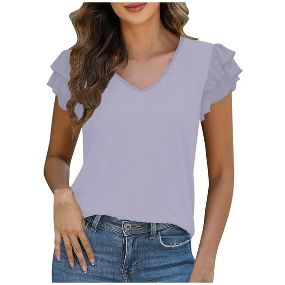 FNFYFH Shirts for Women V Neck Tunic Short Sleeve T-Shirt Summer Solid Tees,Purple