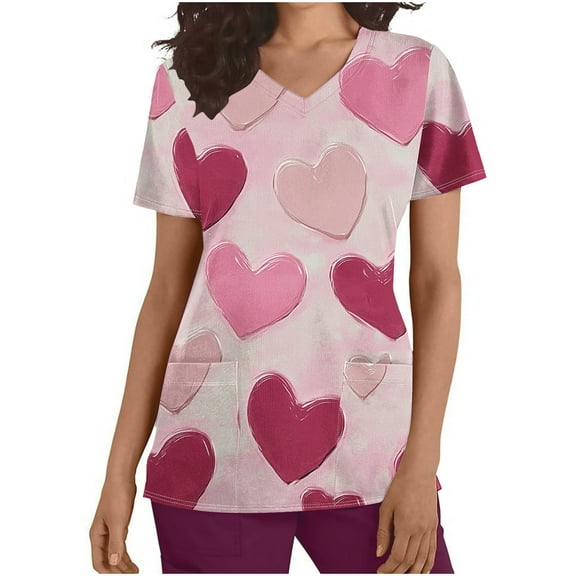 FNFYFH Short Sleeve Scrubs for Women V Neck Printed Scrub Tops Soft Knit Nurse Uniform Shirts Stretch Work Uniforms