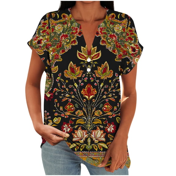 FNFYFH Short Sleeve Shirts for Women Summer Floral Print Graphic Tees Trendy Button Down V Neck Tunic Tops