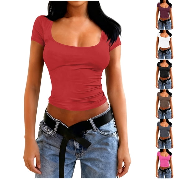 FNFYFH Short Sleeve Slim Fitted Shirts for Women Square Neck Cute Going Out Crop Tops Spring Summer Teens Basic Tees