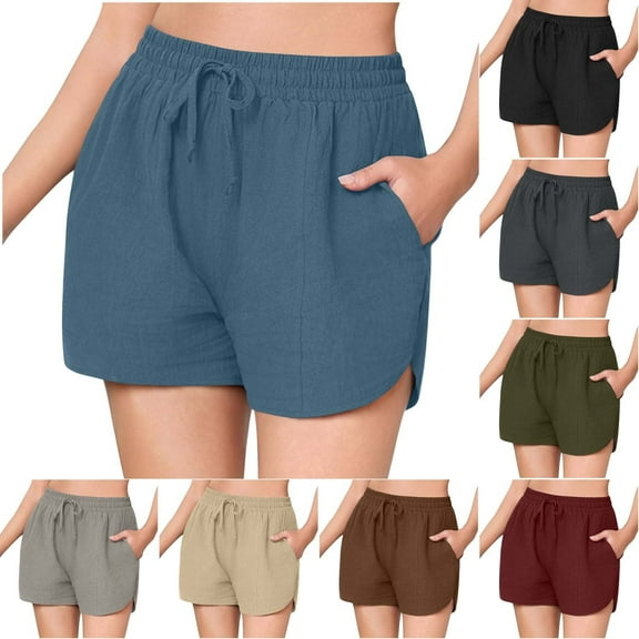 FNFYFH Shorts for Women with Pockets Drawstring Elastic Waist Shorts Loose Fit Comfy Solid Color Short Pants 2025 Womens Summer Bottoms,Blue S-XXL