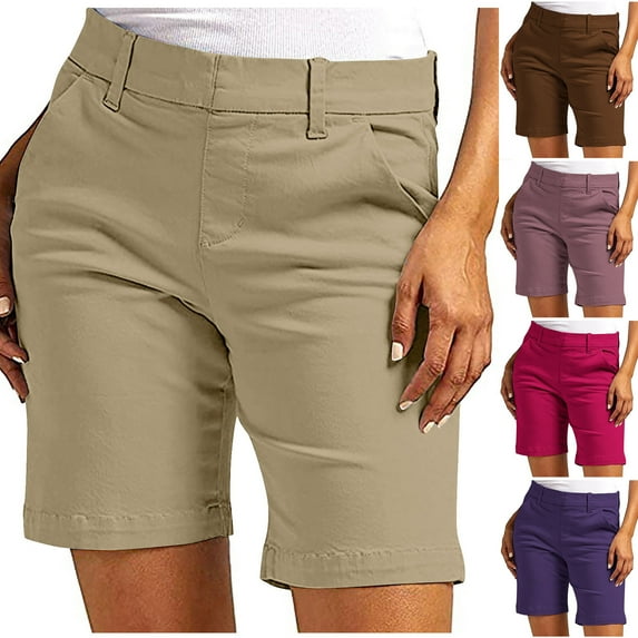 FNFYFH Shorts for Women with Pockets Office Shorts Summer Slim Fit Works Short Pants Womens Comfy Breathable Solid Color Bottoms,Beige S-XXL
