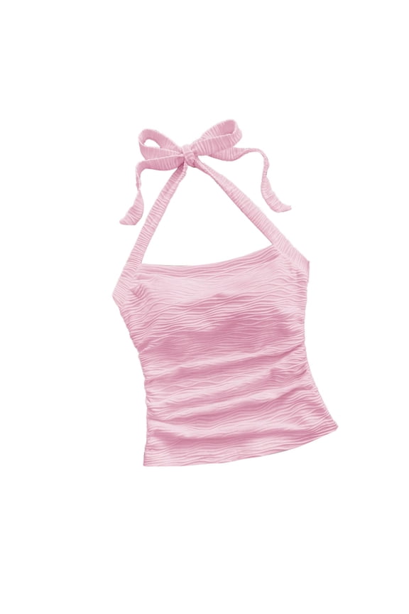 Sleeveless Halter Tops for Women Ruched Tie Back Crop Tank Tops Slim Fit Cute Camisole Tops