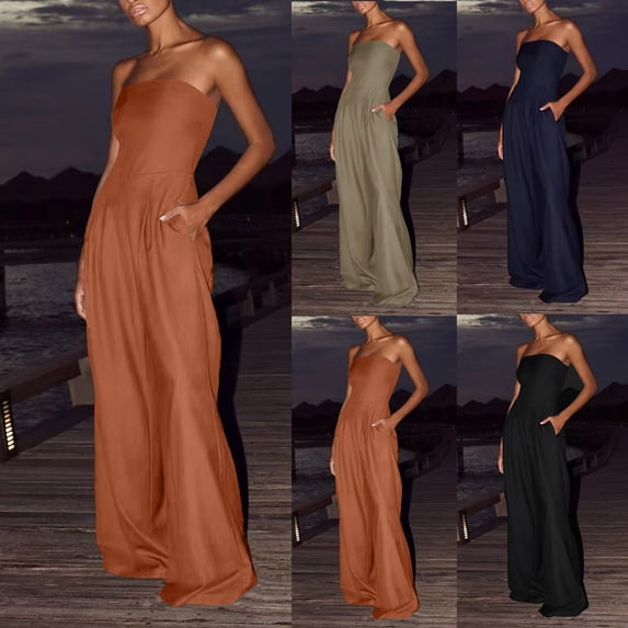 FNFYFH Strapless Jumpsuits for Women Sleeveless One Piece Wide Leg Jumpsuit Party Vacation Summer Outfits with Pockets