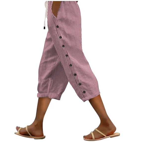 FNFYFH Striped Capri Pants Women Elastic Waisted Drawstring Cropped Pants Lightweight Spring Summer Pants Ladies Pinstripe Pants