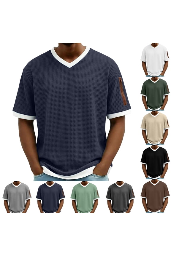 T Shirts for Man V Neck Short Sleeve Waffle Shirt Color Block Casual Pullover Tee