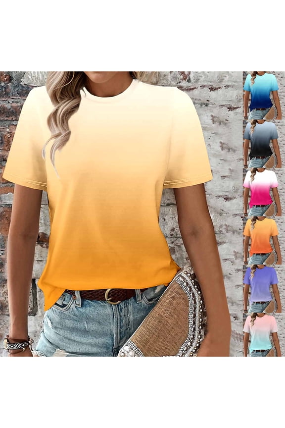 FNFYFH T Shirts for Women Crewneck Short Sleeve Cotton Tops Gradient Basic Tees