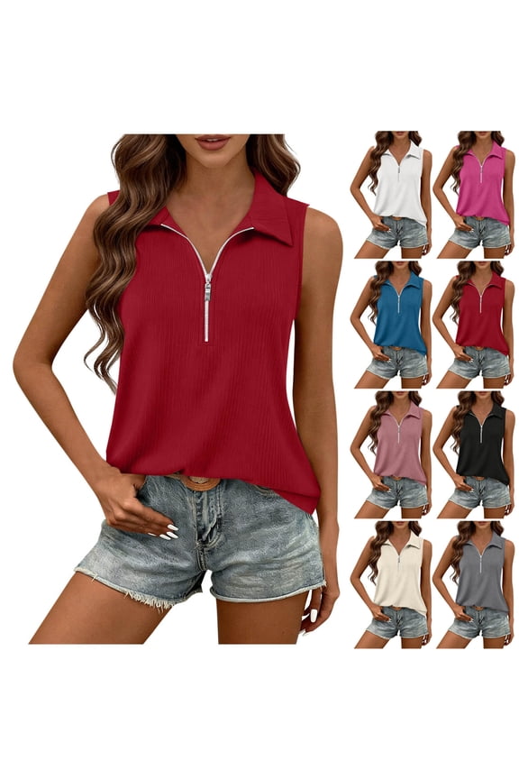 Tank Tops for Women Sleeveless Collared Top Loose Fit Quarter Zip Ribbed Shirt