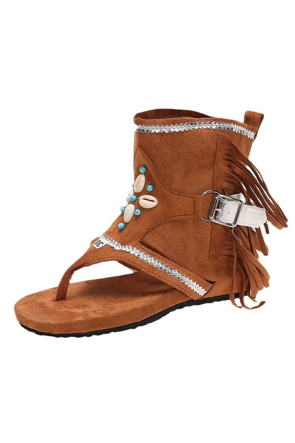 Tassel Sandals for Women,Retro Bohemian Gladiator Fringe Casual Sandals Flat Clip Toe Ankle Boots Beach Shoes T-Strap Roman Open-Toe Sandals