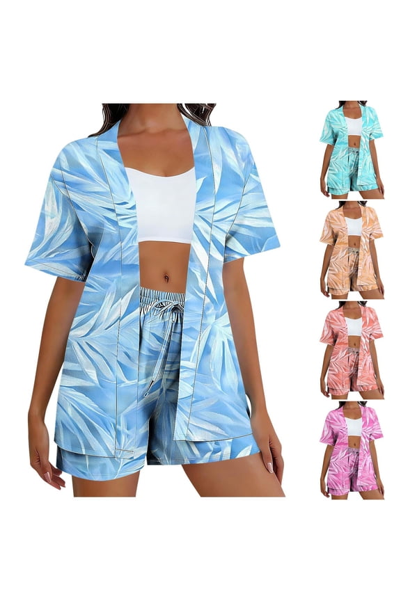 Two Piece Sets for Women Floral Print Short Sleeve Cardigan and Shorts Set Summer Beach Cover Ups Vacation Clothes