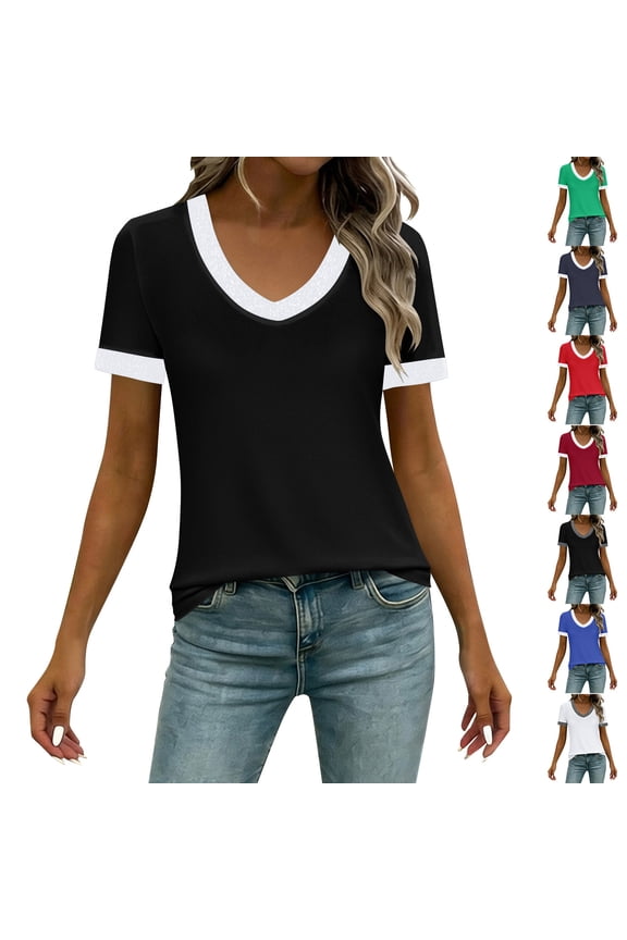 FNFYFH V Neck Shirt for Women Summer Short Sleeve T Shirts Soft Color Block Ringer Tee