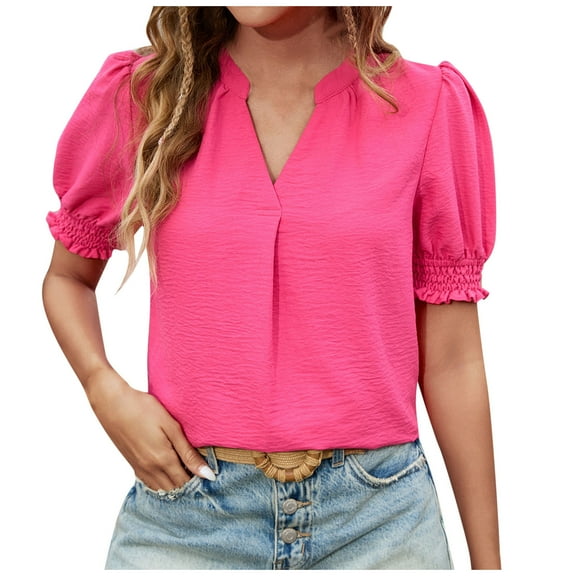 FNFYFH V Neck Shirts for Women Summer Short Sleeve Tops Solid Puff Sleeve Tees,Pink